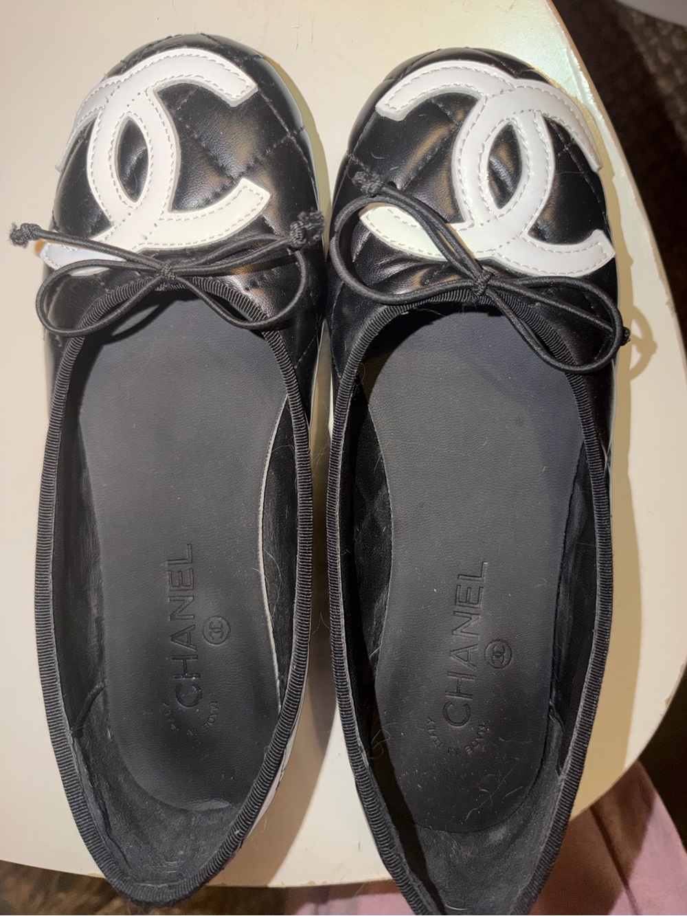 Black Leather Ballet Flats with White CC Logo